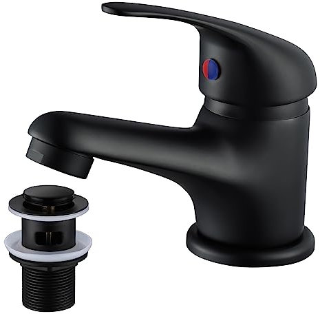 WasserRhythm Black Basin Mixer Tap with Pop Up Waste Bathroom Taps Mixers Monobloc Bathroom Sink Taps Single Handle Basin Taps Faucet with Universal Hoses