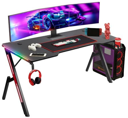 Todeco 160 x 60cm Gaming Tisch mit LED, Gaming Schreibtisch, PC Tisch Gaming mit Kohlefaseroberfläche, mit Kopfhörerhaken Getränkehalter Mauspad, Ergonomischer PC Gaming Tisch