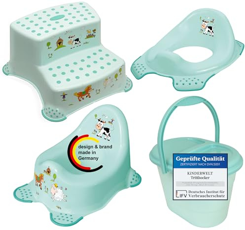 KINDERWELT Premium Z Set da 4 - Funny Farm Design acqua per neonati e bambini piccoli - sedile WC, sgabello a due gradini, vasino, secchio per pannolini - funzione antiscivolo - senza BPA