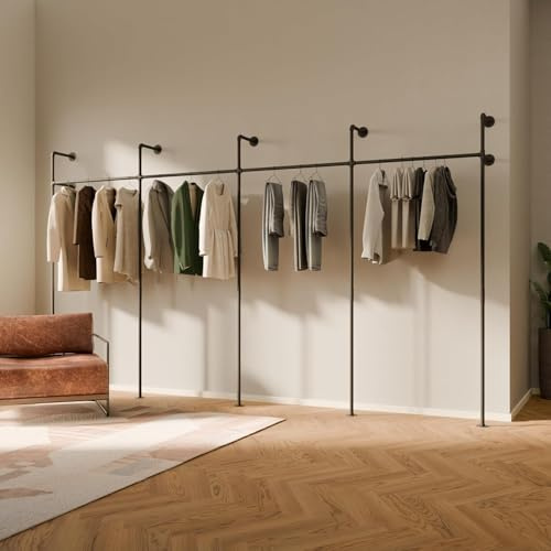 pamo Percheros Pared 392 cm – 440 kg I Armario Abierto Metal Negro I Perchero Burro Ropa Industrial I 222 cm × 32 cm I negro I Acero con Recubrimiento en Polvo MatteGuard