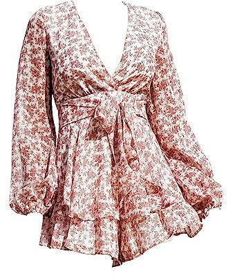 Damen-Jumpsuit, 2-teiliges Set, 2024, modisch, bedruckt, gerüscht, langärmelig, sexy, V-Ausschnitt, hohe Taille, Overall, Shorts, Maler-Overalls für Frauen, rot, 38