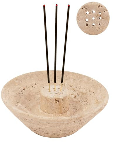 SPESHSTONES Soporte de incienso de mármol de 5.5 pulgadas, hecho a mano, redondo, travertino, para decoración estética del hogar y dormitorio, quemador de varillas para aromaterapia y accesorios de