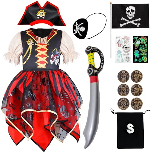 IKALI Piratdräkt för flickor, piratklänning barn maskeradkläder för halloween världsbokens dag fest 15 delar 3-10 år