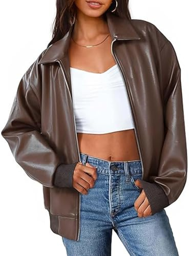 xxxiticat Donna Oversized PU Pelle Giacca Moda Moto Cappotti Autunno Abiti Giacca in Ecopelle Zip Up Capispalla, marrone, M