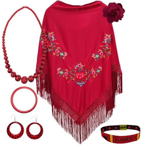 Mantón de Manila con Accesorios: Mantón de Manila con Flores Bordadas, Pinza Pelo Flor, Collar, Pulsera y Pendientes Flamencos y Pulsera de Tela. (Granate)