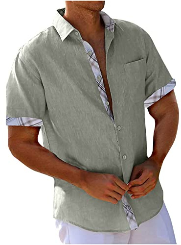 UHouse Chemise Homme en Cotton Lin Vetement Manches Courtes D'Été Chemises Leger Décontracté Chemisette Respirant Habit Col Mao Court Fin Cut Button Down Shirt Gris L