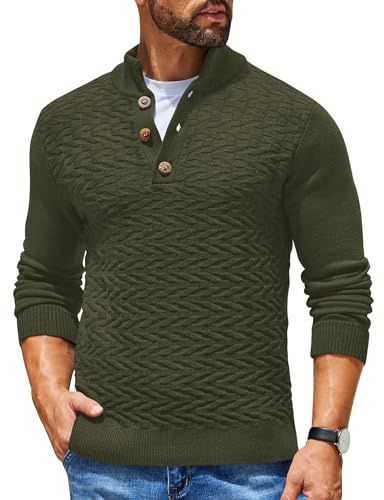COOFANDY Maglioni Uomo Invernale Maglioni Collo Alto Henley Maglione Dolcevita Classico Maglione con Bottoni Regular Fit Verde Militare L