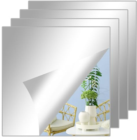 Haveneit 4 azulejos de espejo autoadhesivos, espejos para pegar 20 x 20 cm, espejo adhesivo acrílico, lámina de espejo flexible, espejo acrílico para paredes, puertas, baños y armarios