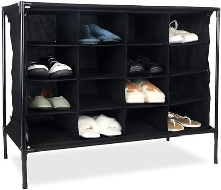 Relaxdays Zapatero Camping, 16 Compartimentos, Apilable, Montaje Sencillo, Armario de Tela, 65 x 84 x 36 cm, Negro