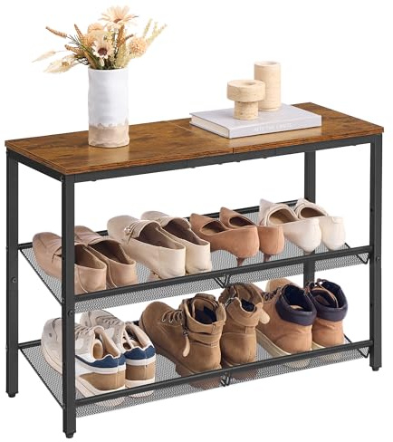 VASAGLE Schuhregal, Schuhablage, 3 Ebenen, große Oberfläche, verstellbare Gitterablagen, platzsparend für Eingangsbereich Flur, Metall, Industrie-Stil, vintagebraun-tintenschwarz LBS043KD01