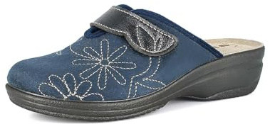 Pantofole Donna con Chiusura a Strappo Regolabile e Decoro Fiorato, Plantare in Vera Pelle Imbottito, Zeppa 4,5 cm