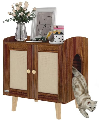 PawHut Mueble Arenero para Gatos Caja de Arena para Gatos Mesa Auxiliar con Puertas con Esteras de Sisal Patas de Madera para Salón Dormitorio 55x43x59,6 cm Marrón
