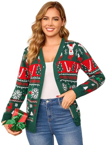 Totatuit Cárdigan Navidad Mujer Elegante y Cálido Cuello V Botones Largo Suéter Festivo de Invierno Moda Cómoda Verde，XL