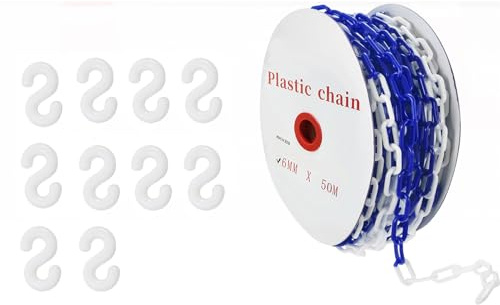 50 m avstängningskedja, blå, vit, plast, 6 mm avstängningskedja, varningskedja, avstängning, plastkedja med 10 S-krokar, säkerhetsvarningskedja av plast för byggarbetsplats, parkering och ordervård