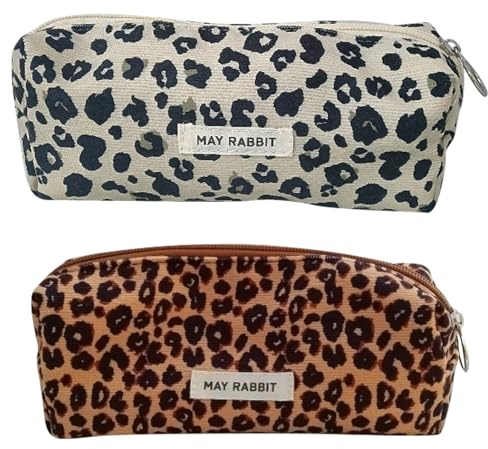 MLPKOI 2 Pcs Trousse à Crayons en Velours Côtelé, Trousse Scolaire Grande Capacité, Pencil Case avec Fermeture Eclair, Motif Léopard Sac de Rangement pour l'école et Le Bureau Fille College (Blanc Cas