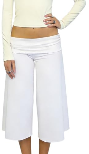 FeMereina Pantalon capri pliable pour femme - Taille basse - Jambes larges - Capris d'été mignon - Gaucho fluide - Streetwear, blanc, S