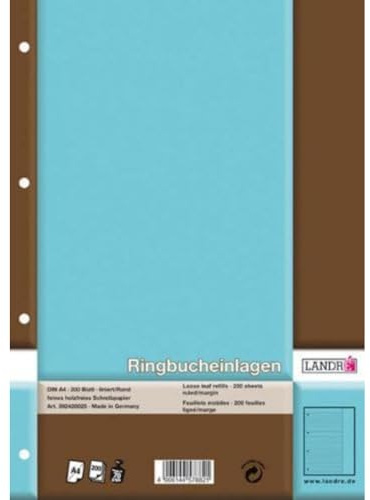 Landre 100050492 - Papel perforado para carpetas con anillas (no contiene madera, a rayas, 70 g/m², A4, 200 hojas, margen en blanco a la derecha)
