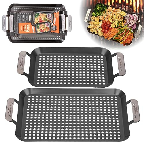 Camerons BBQ Grill Topper Grilling Pans (Set of 2)- Non-Stick Barbecue Trays w Stainless Steel Handles - Indoor Outdoor use for Barbecue & Smoked Meat, Vegetables & Seafood- Grill Gift for Fathers Day
