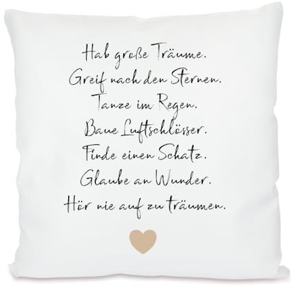 Manufaktur Liebevoll Kissen mit Spruch Hab große Träume Geschenk zur Taufe Jugendweihe Geburtstag Konfirmation Kommunion Geschenk Kissen Spruch Mädchen Jungen Teenager