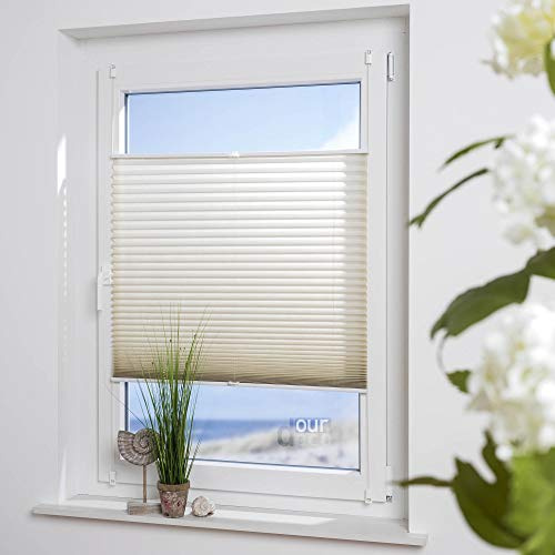 ourdeco® Plissee Easy / 90 x 210 cm Sand/lichtdurchlässig/Klemmen=Montage ohne Bohren=Smartfix=Klemmfix-Plissee=Easy-to-fix