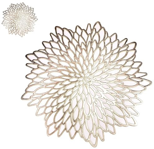 Snowkingdom Pack of 6 Gold Metallic Placemats Laminated Vinyl Round Leaf Plastic Dinning Table Place Mats Decoration for Wedding Christmas Thanksgiving Holiday