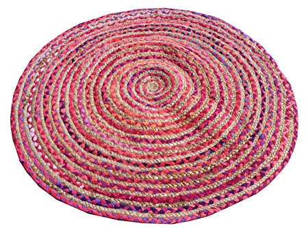 Sophia-Art Chindi Teppich, indischer Bohemian-Stil, mehrfarbig, indisch, handgefertigt, rund, Boho-Stil, wendbar, bunt, Baumwolle, bunt, natürliche Jute, Chindi, runde Matte (Rosa, 91,4 cm / 91,4 cm)