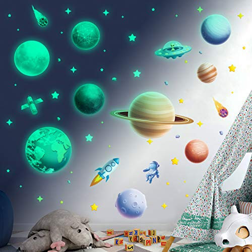 Leuchtsterne Selbstklebend Kinderzimmer Jungen Mädchen, Leuchtende Sterne Leuchten im Dunkeln Sternenhimmel Aufkleber Leuchtsticker Astronaut Planet Wandsticker Wandtattoo Leucht Wandaufkleber