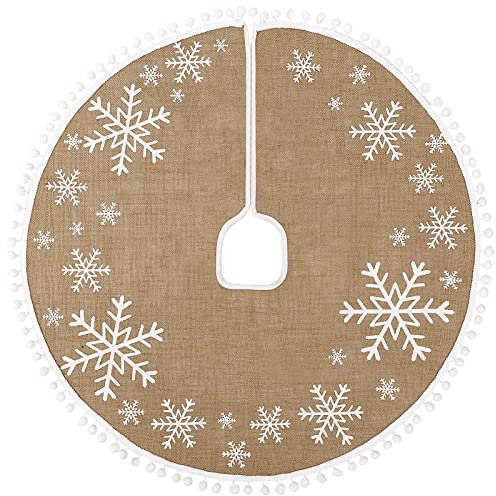 N&T NIETING Christmas Tree Skirt, 30 Inch Burlap White Snowflakes Tree Skirt with Small Pom Poms Tree Base Cover for Xmas Tree Christmas Decorations