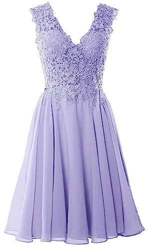 Beyonddress - Abito da sera da donna in chiffon, elegante, corto, con scollo a V, per damigella d'onore, abito da ballo, abito da cocktail, lavanda, 46