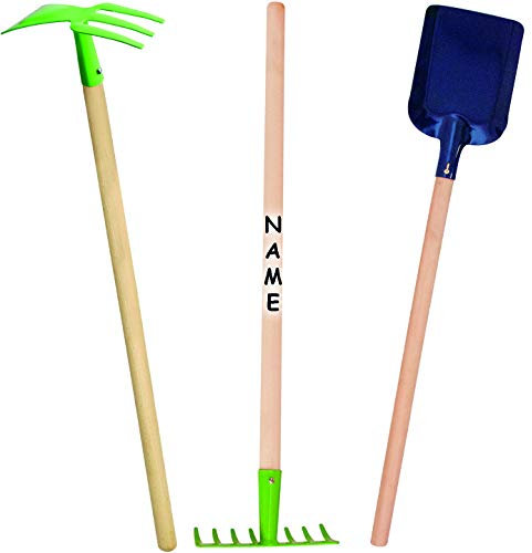alles-meine.de GmbH 3 TLG. Gartenset - für Kinder - Schaufel & Rechen & Harke - bunt - inkl. Name - aus Holz & Metall - Spaten - 70 cm lang - Set - Garten & Balkon - groß bun..
