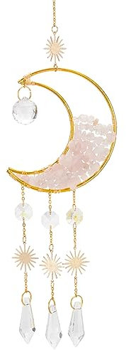 BENECREAT Attrape-Soleil en Cristal de Croissant de Lune avec Perles de Quartz Rose Naturel, Ornements de Prisme Suspendus de Fenêtre Capteur de Soleil en Verre de Cristal pour la Décoration