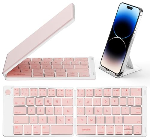 Samsers Bluetooth Foldable Keyboard - Wireless Portable Folding Keyboard, Full-Size Ultra-Slim Rechargeable Connect Up to 3 Devices for iOS, Android, Windows Phone, Tablet, Laptop - Pink
