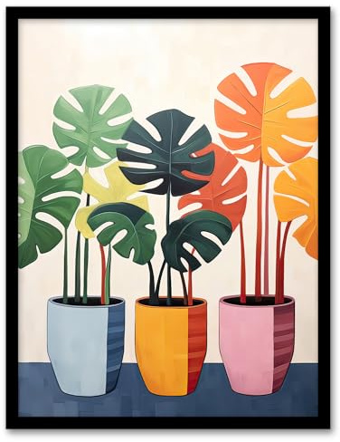 Artery8 Trio of Colourful Monstera Cheese Plant Pots Botanical Oil Painting Artwork Framed Wall Art Print A4