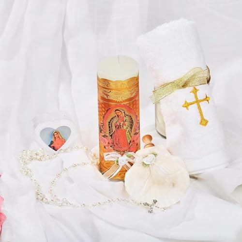 Catholic Baptism Candle Set for Boys and Girls - Includes Virgen de Guadalupe Candle, Towel, Rosary and Shell