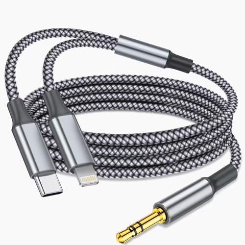 Aux Audio Cable for iPhone, 2 in 1 USB C to 3.5mm Aux Audio Lightning to 3.5mm Audio Cable Fit with iPhone 17 16 15 Plus/14/13/12/11/XR, Galaxy S24/S23/S22, Pixel 8/7/6, iPad to Car Stereo Speaker 4FT