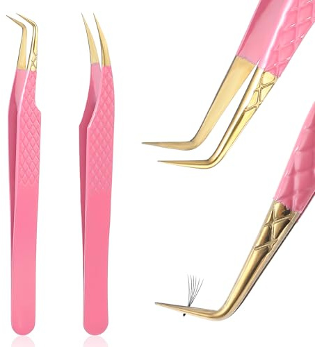 Tyqour 2 Stück Wimpern Pinzette, Pinzette Mit Gebogenen Spitzen Aus Edelstahl, Professionelle Wimpernpinzette für Wimpernverlängerungen Rosa