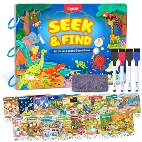 JoyCat Seek & Find Game Books - Wipe Clean Reusable Book for Kids Ages 3-8 | Travel Toys for Car Aeroplane, Preschool Educational Busy Book, Birthday Gifts for Boys Girls 4-8