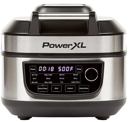 PowerXL Grill Air Fry – Parrilla y Freidora de Aire Multifuncional, Olla Programable 5,67L, 12 Funciones Preestablecidas, 1500W, Control LED, Tapa Abatible, Fácil Limpieza, Ideal para Cocina Rápida.
