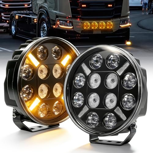 BraveWAY 9 Pouces Phare De Travail Led 2 PCS Phare Longue Portée Led Avec Feu de Position Orange/Blanc lumière clignotante，12V - 24V, Homologué E9 pour Voiture, Camion, Tracteur, Feux Avants