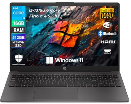 HP 250 G10, Intel Core i3-1315U 6 Core 4.5 Ghz, Computer portatile Notebook Display 15.6 Full HD, Ram 16 GB DDR4-SDRAM 512 GB SSD, Wi-Fi 5, Windows 11 Pro