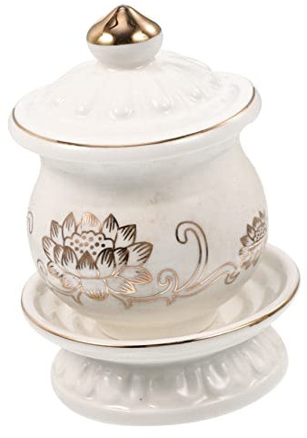 Holibanna Tazza D'acqua Per Offerte Sacre in Ceramica Rilievo Fiore Di Loto, Coppa Rituale Buddista in Ceramica Bianca, Decorazione Per Tempio e Meditazione