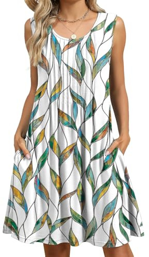FUNSEED - Vestidos de verano para mujer, cuello redondo suelto, sin mangas, vestido largo sin mangas, estampado con bolsillo