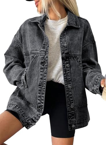 SHEWIN Denim Jacket for Women Oversized Jean Jacket Long Sleeve Boyfriend Denim Jacket Cute Comfy Fall Jackets for Women Dark Grey XX-Large