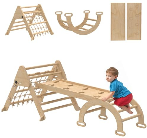 AIYAPLAY 8 en 1 triángulo de Escalada para niños con rampa Doble Cara, Arco de Escalada de Madera álamo con tobogán y Escalera, Carga 50 kg para deslizarse o Escalar bebé de 18 a 48 Meses, Natural