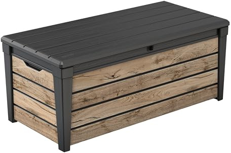 Keter Brightwood Coffre de jardin, 454 l, aspect pin aspect bois, couvercle avec vérins à gaz, charge jusqu'à 300 kg, résistant aux intempéries, imperméable, résistant aux UV