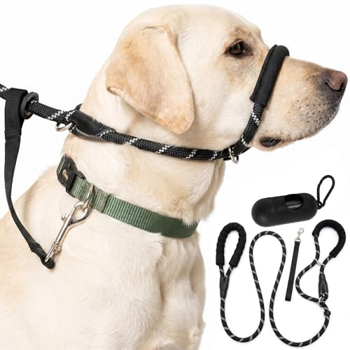 Figure of 8 Laisse coulissante pour chien, double usage, anti-traction, laisse réfléchissante avec rembourrage de nez en néoprène, bouchon, clip de sécurité, distributeur de sacs à déjections canines