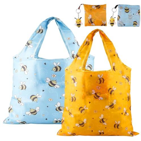 2 stycken shoppingväska återanvändbar vikbar med påse 40 x 46 cm/40 x 40 cm | Bärbar shoppingpåse med sött bintryck, med bi-nyckelring, tvättbar, miljövänlig, för shopping, resor