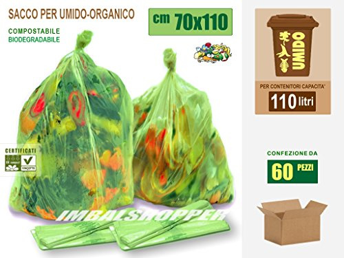 SACCHI COMPOSTABILI BIODEGRADABILI PER RACCOLTA UMIDO-ORGANICO CM 70x110 (110 litri) - SCATOLA DA 60 SACCHETTI