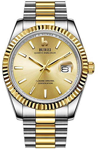 BUREI Luxus Herrenuhr Analog Quarzuhr Datumsanzeige mit Saphirglas Leuchtend und Edelstahlarmband (Gold Silber)