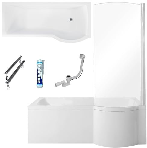 ECOLAM Duschbadewanne Inspiro 170x70 cm + Schürze RECHTS I Set Badewanne + Badewannenabtrennung I Duschwand Eckbadewanne Ablaufgarnitur Füße Silikon Acryl weiß